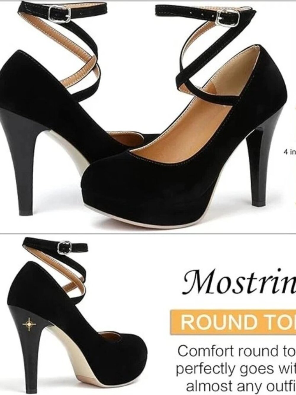 Mostrin Women's Size 8 Black Velvet Closed Toe Ankle Strap 4.5" Heel Pumps (A15)